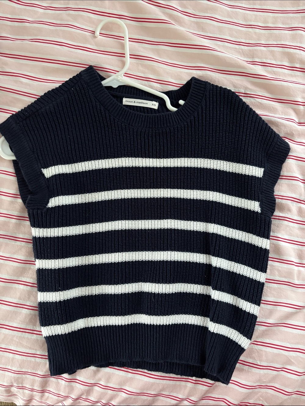 moon & madison Navy and White Striped Sleeveless Crew Sweater